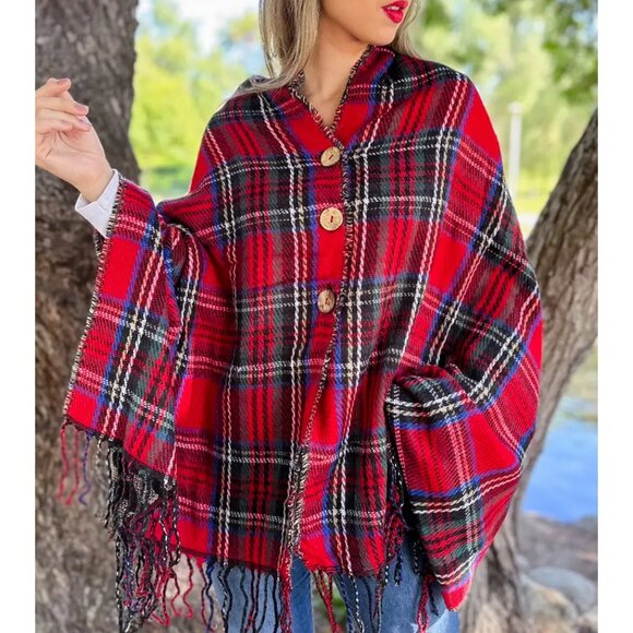 NWT Red Plaid and Leopard Dual-Sided Reversible Poncho - Picture 2 of 7
